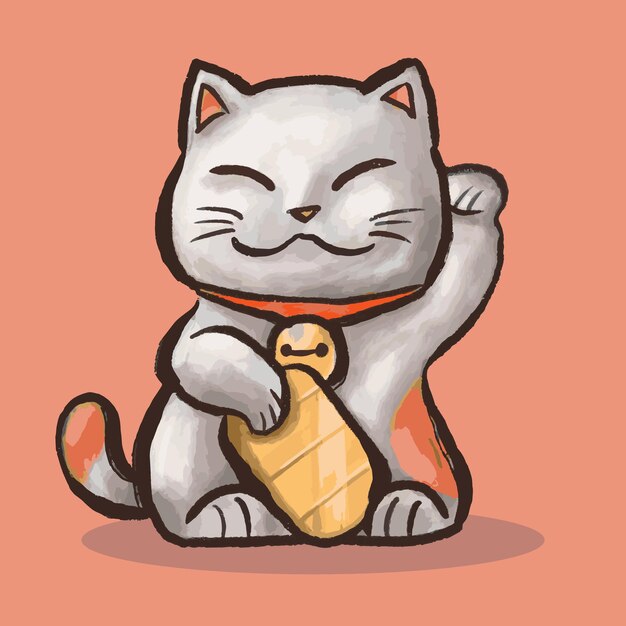 Ilustración linda del gato neko de la suerte en estilo de pintura