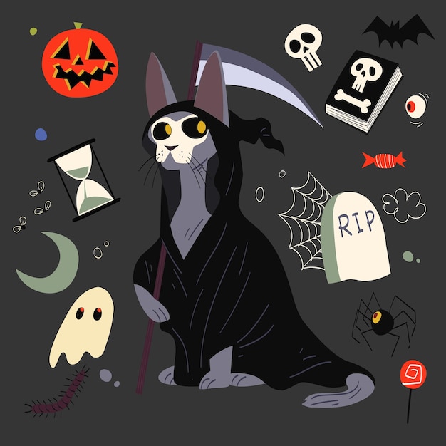 Vector ilustración linda del gato de la parca de halloween para la fiesta de halloween