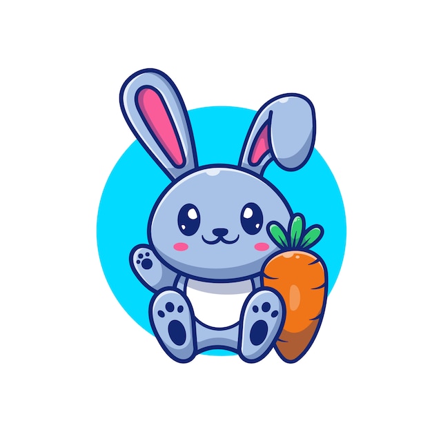Ilustración linda del icono del conejo y de la zanahoria. Bunny Logo Mascot personaje de dibujos animados. Concepto Logo Animal Blanco Aislado