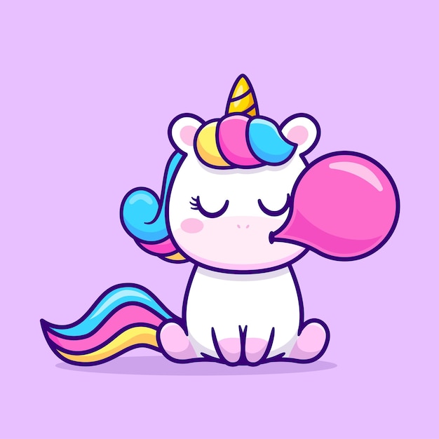 Ilustración linda del icono del vector de la historieta del chicle del unicornio. Concepto de icono de naturaleza animal aislado Premium Vector. Estilo de dibujos animados plana