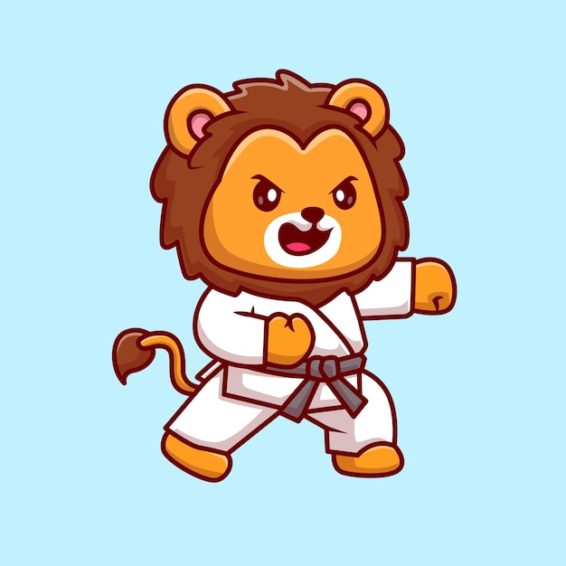 Ilustración linda del icono del vector de la historieta del karate del león. concepto de icono de deporte animal aislado vector premium