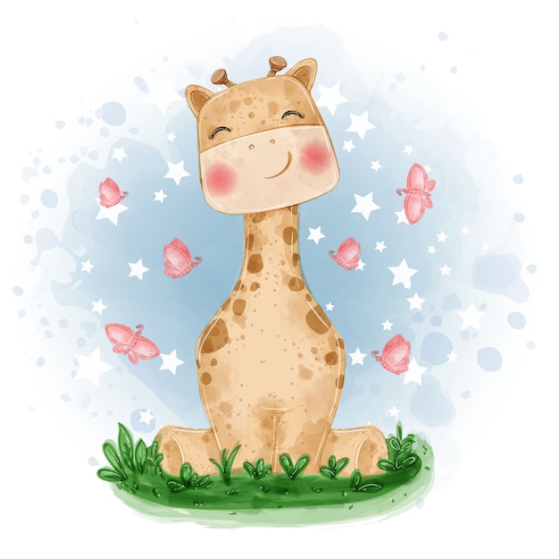 Ilustración linda jirafa sentarse en la hierba con mariposa
