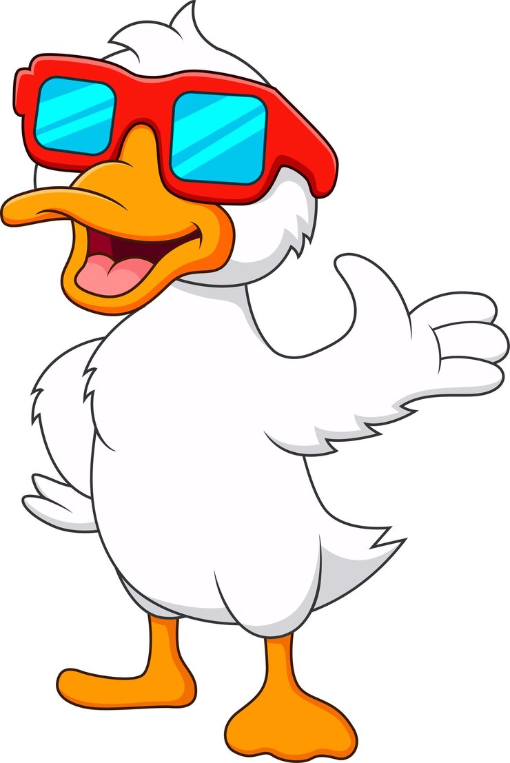 Vector ilustración de una linda mascota de pato de dibujos animados con gafas agitando