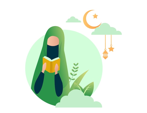 Vector ilustración de linda muslimah leyendo el corán