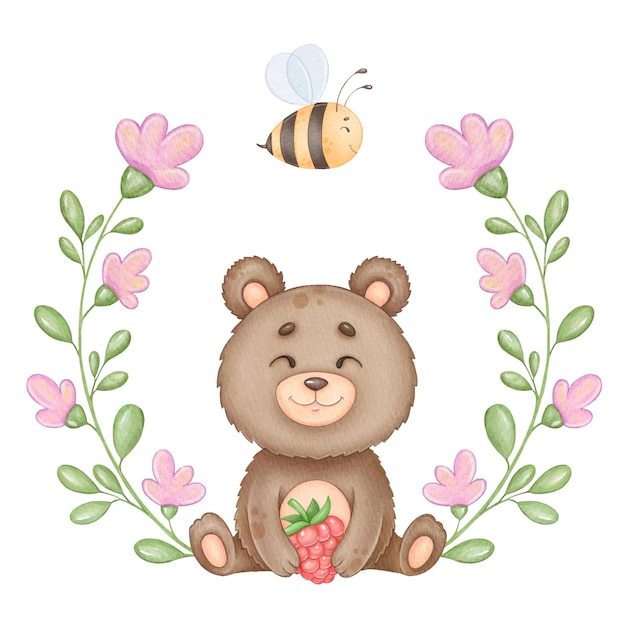 Ilustración linda de los niños lindos de la guirnalda del oso y de las flores