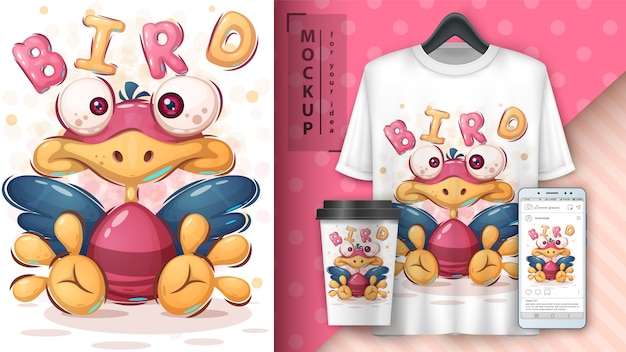 Ilustración linda del pájaro y merchandising