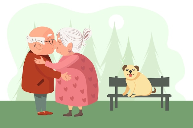 Ilustración linda pareja de ancianos enamorados abuelos en una cita en el parque y un perro divertido