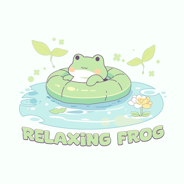 Ilustración de una linda rana relajándose con un flotador en un charco