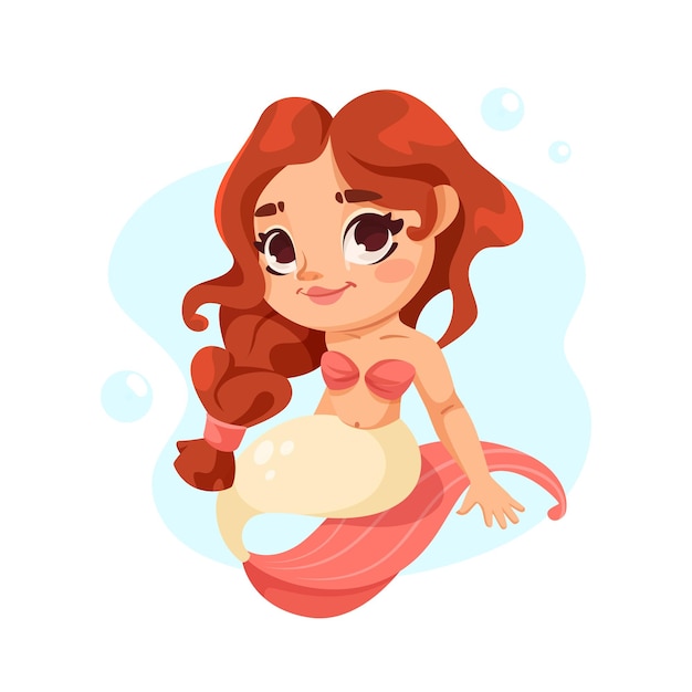 Vector una ilustración de una linda sirena con el estilo de dibujos animados de pelo rojo en un fondo azul claro concepto de criaturas de fantasía ilustración vectorial