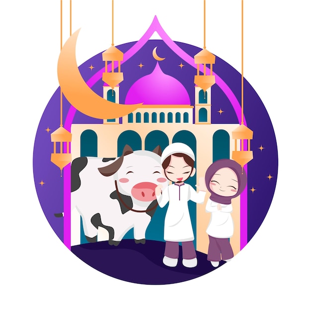 Ilustración linda de la tarjeta de felicitación de eid al adha mubarak