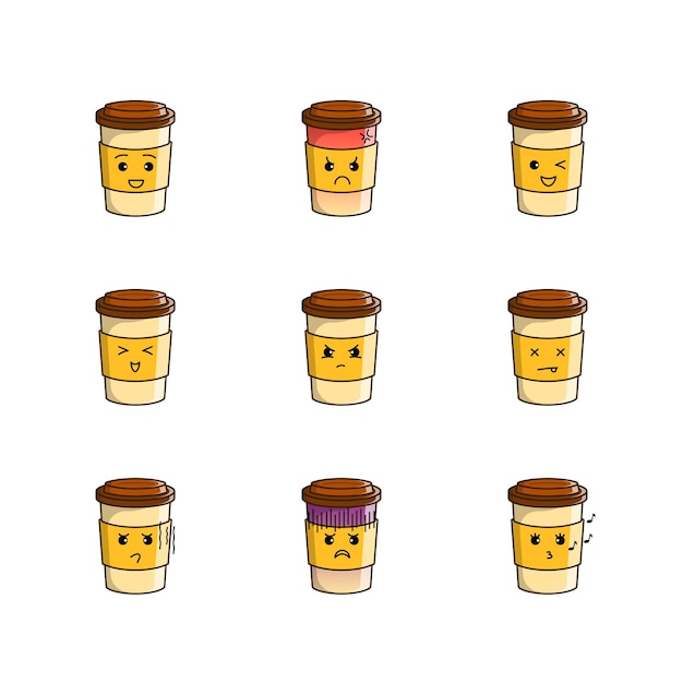 Ilustración linda taza de café con varias expresiones