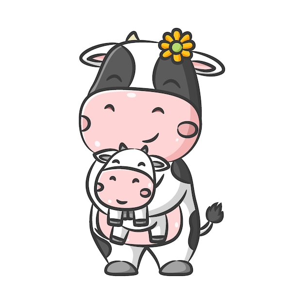 La ilustración de la linda vaca grande con la pequeña flor del sol está jugando con la pequeña vaca bebé juntos