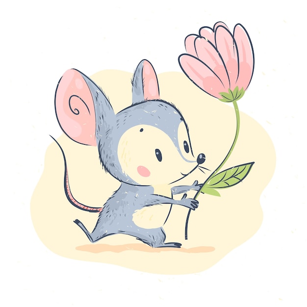 La ilustración linda del vector del carácter del pequeño ratón gris sostiene el soporte grande de la flor del tulipán rosado aislado en el fondo blanco. Estilo artesanal dibujado a mano. Bueno para postal, tarjeta de cumpleaños, impresión infantil, guardería.