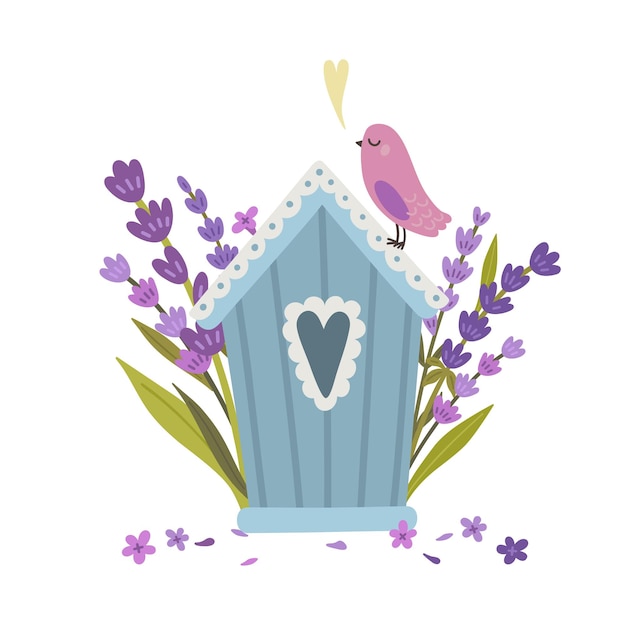 Vector ilustración linda del vector con la casita para pájaros de lavanda romántica, aves, ramas de lavanda y flores