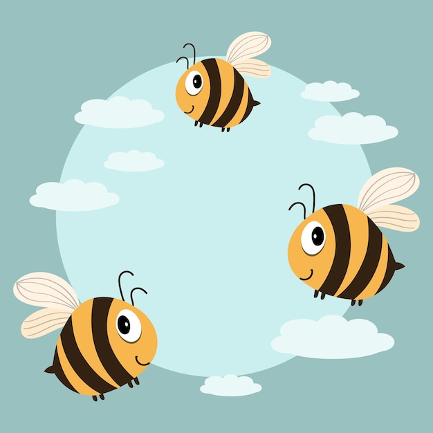 Ilustración lindas abejas divertidas en el fondo de un paisaje de verano y un lugar para el texto