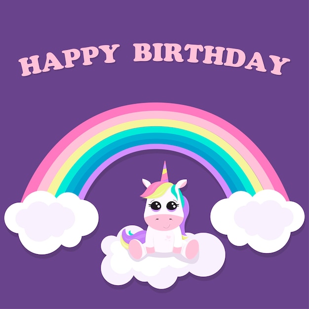 Vector ilustración con lindas nubes de arco iris de unicornio y texto feliz cumpleaños se puede usar como tarjeta o invitación o en forma impresa y tipografía