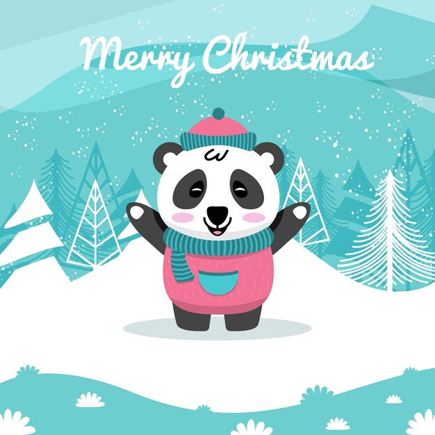 Ilustración de un lindo animal panda con un suéter en un tema animal de fondo navideño nevado