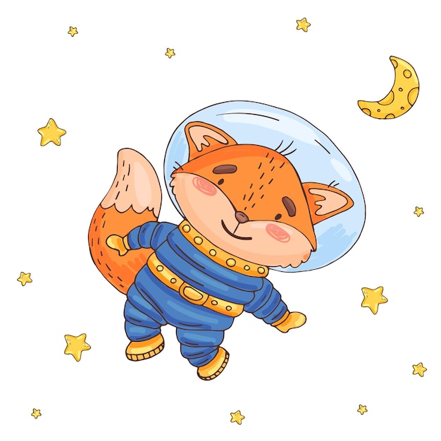 Ilustración con lindo astronauta de dibujos animados de zorro en el espacio Elemento para imprimir postales y carteles Ilustración vectorial