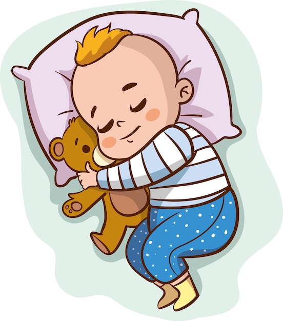 Ilustración de un lindo bebé abrazando a su oso de peluche durmiendo