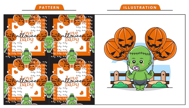 Ilustración de lindo bebé frankenstein en el día de halloween con patrón decorativo sin costuras