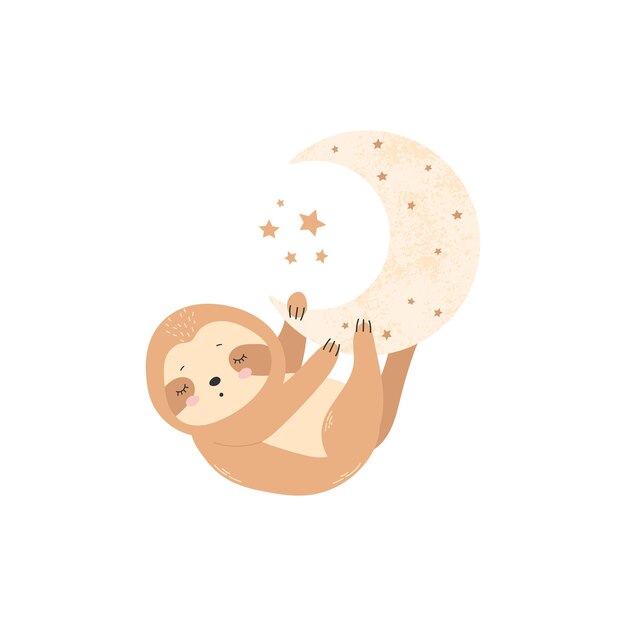 Ilustración del lindo bebé perezoso durmiente colgado de la luna Ilustración vectorial de niños
