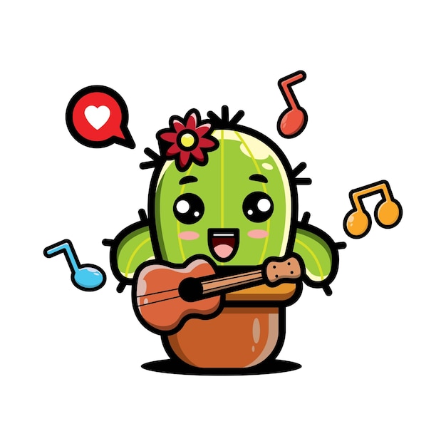 Ilustración de un lindo cactus con diseño de personajes tocando la guitarra