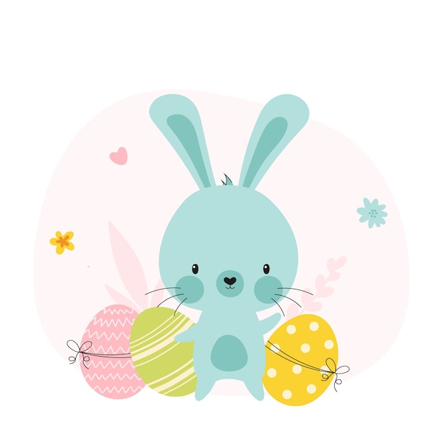 Vector ilustración de lindo conejito de pascua amarillo y huevos. carácter de conejo un huevo de pascua de colores decorativos.