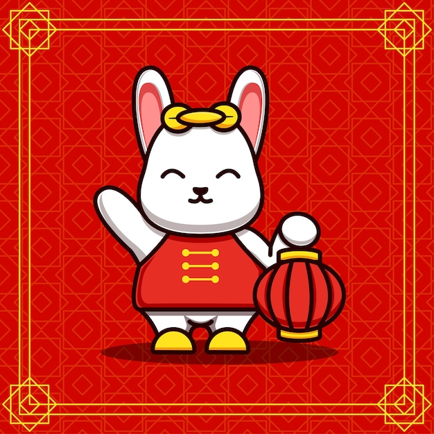 Ilustración de un lindo conejito saludando y sosteniendo una linterna Ilustración de un lindo conejo en chino