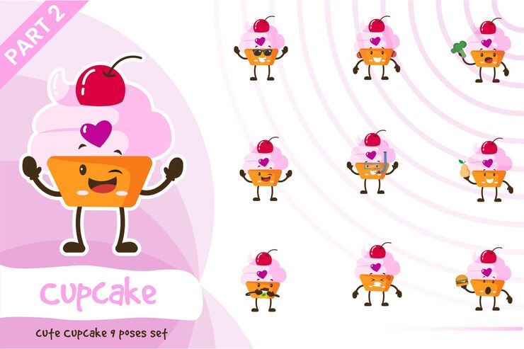 Vector ilustración de lindo conjunto de poses de cupcake.