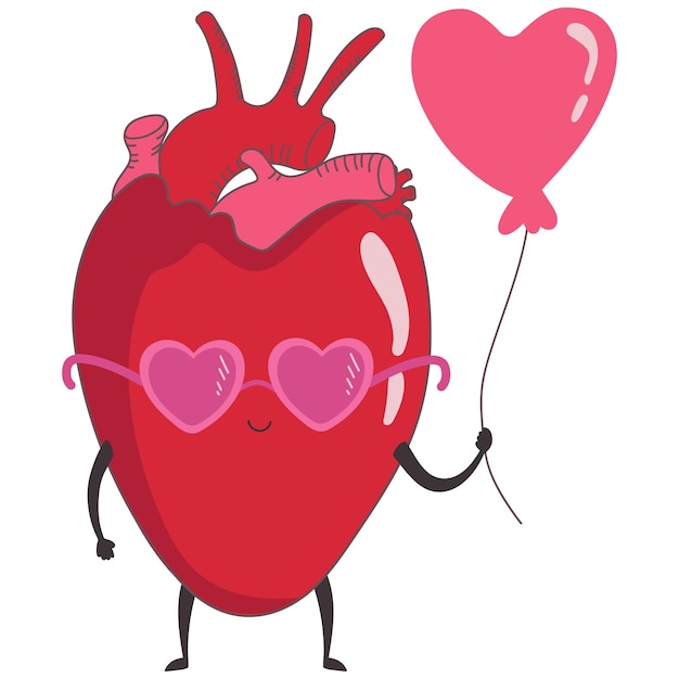 Vector ilustración de un lindo corazón anatómico con una cara con gafas y un globo