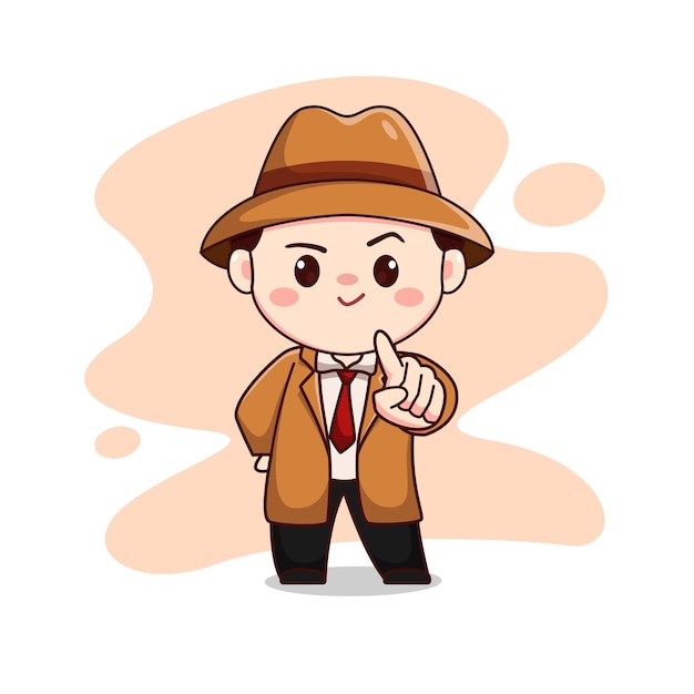 Ilustración de lindo detective o hombre vestido con traje marrón con dedo acusador kawaii chibi carácter