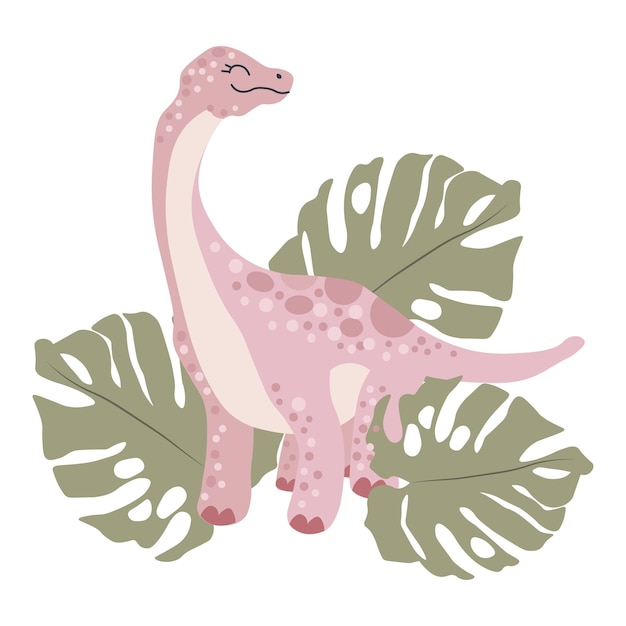 Ilustración lindo dinosaurio rosa y hojas de monstera tropical