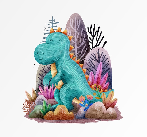 Ilustración de lindo diseño de dinosaurio con acuarela