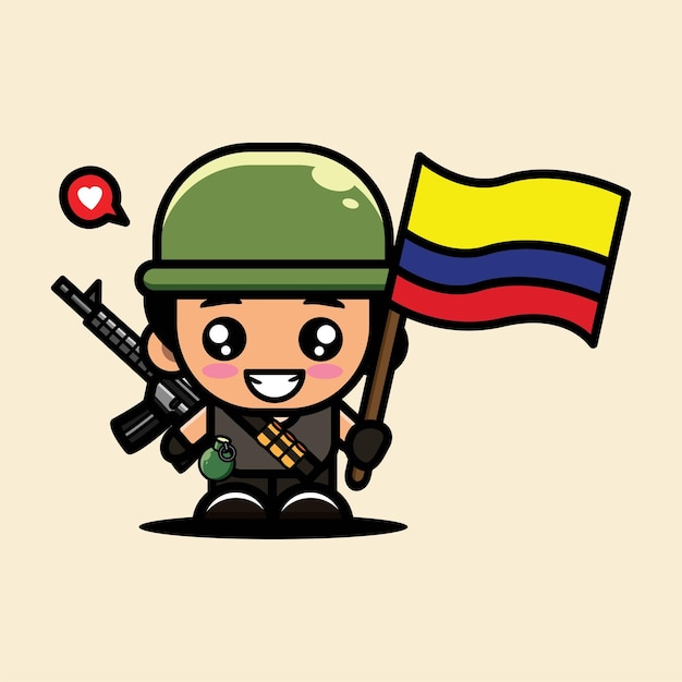 Ilustración del lindo diseño del personaje de un soldado que lleva la bandera colombiana.