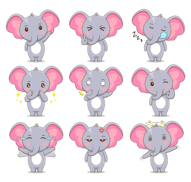 Vector ilustración de lindo elefante con expresión diferente