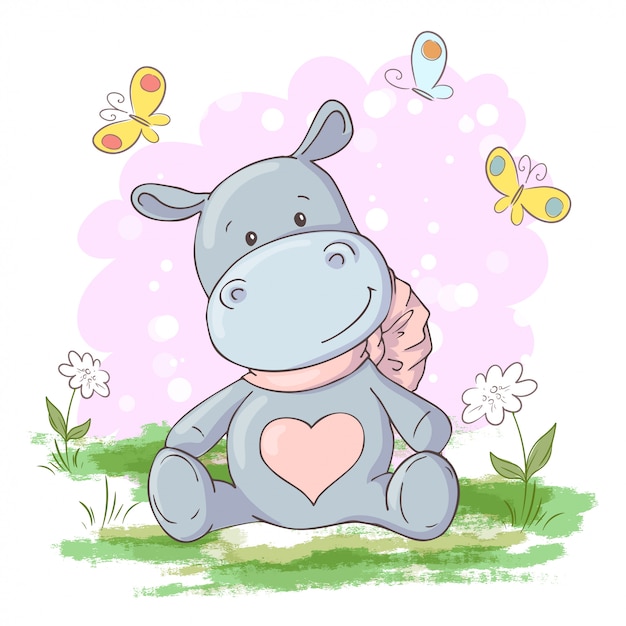 Ilustración de lindo, flores de hipopótamo y mariposas estilo de dibujos animados. Vector