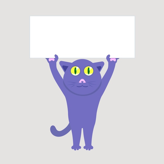 Vector ilustración de un lindo gato de dibujos animados con un cartel en blanco sobre su cabeza para su texto o diseño