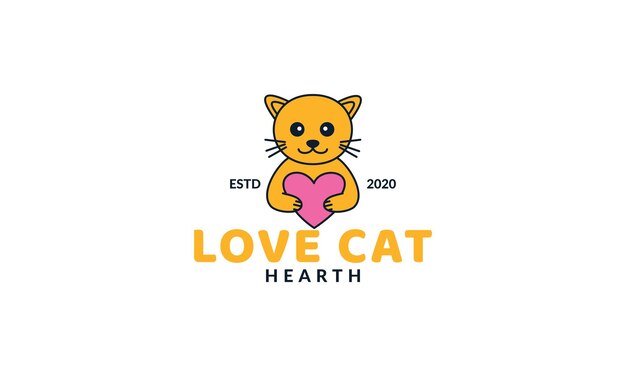Ilustración lindo gato de dibujos animados kitty gatito abrazo corazón amor logo icono vector
