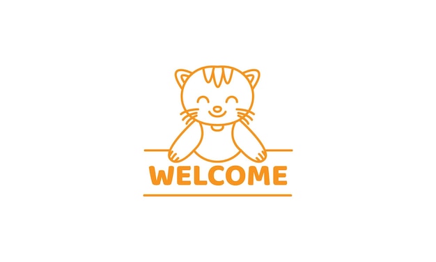 Ilustración lindo gato de dibujos animados línea bienvenida logo icono vector