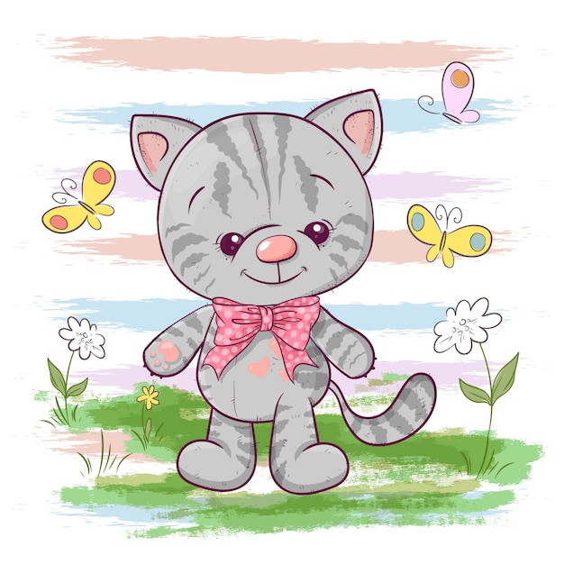 Ilustración de un lindo gato pequeño con flores y mariposas. estampado para ropa o habitación infantil.