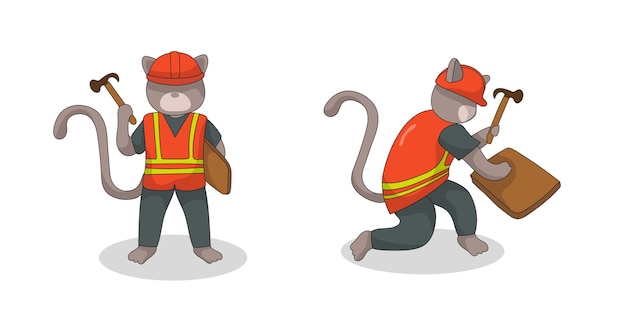 Vector ilustración de un lindo gato que trabaja como trabajador de la construcción