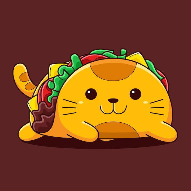 Ilustración de lindo gato taco con estilo de dibujos animados planos.