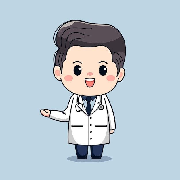 Ilustración de lindo y guapo doctor masculino bienvenido diseño de personaje de dibujos animados de kawaii