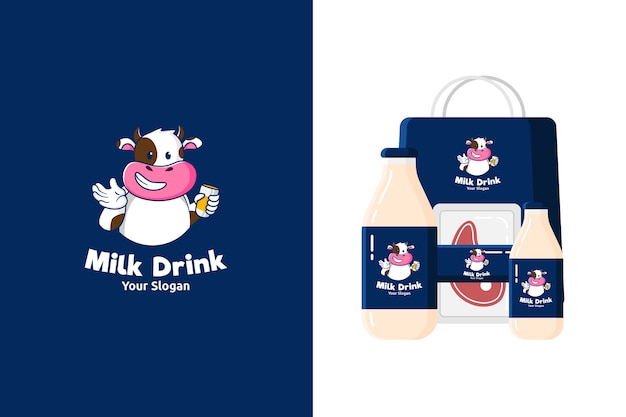 Ilustración del lindo logotipo de la mascota de la vaca para productos lácteos o carne de res