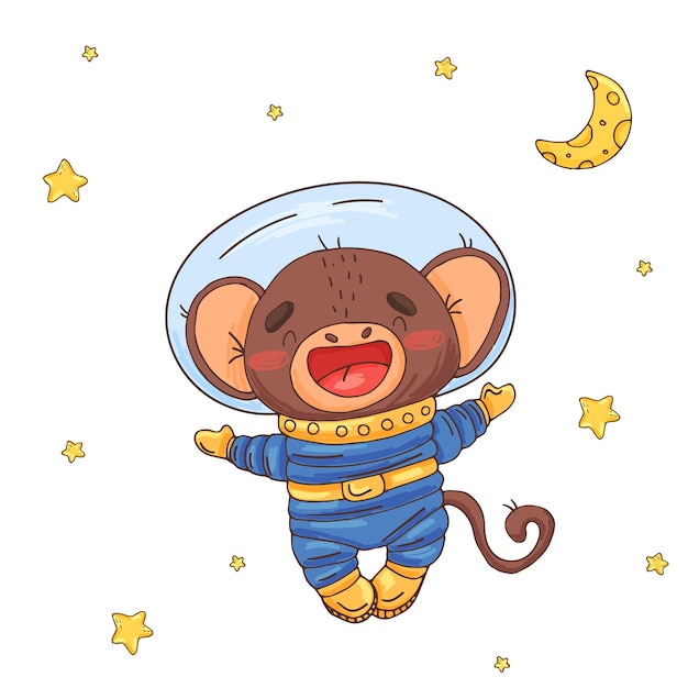 Ilustración con lindo mono astronauta de dibujos animados en el espacio elemento para imprimir postales y carteles ilustración vectorial