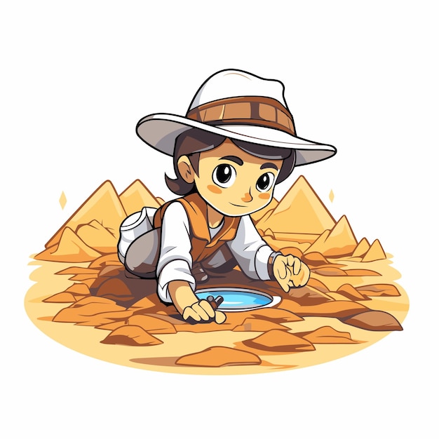 Ilustración de un lindo niño en busca de comida en el desierto