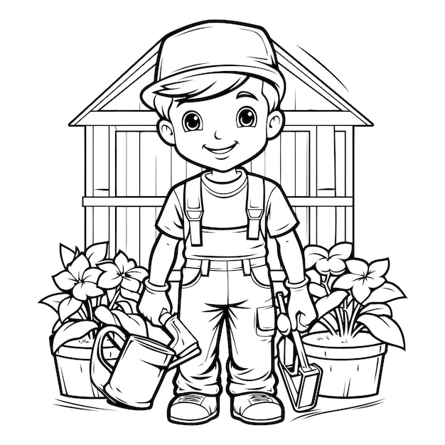 Vector ilustración de un lindo niño jardinero con una jarra de riego