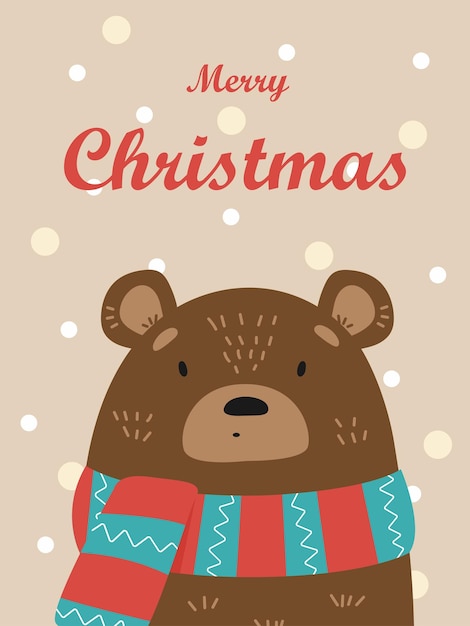 Ilustración de un lindo oso en una bufanda a rayas Vector Tarjeta de Navidad