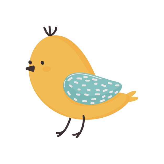 Vector ilustración de un lindo pájaro amarillo con alas manchadas de azul sobre un fondo blanco