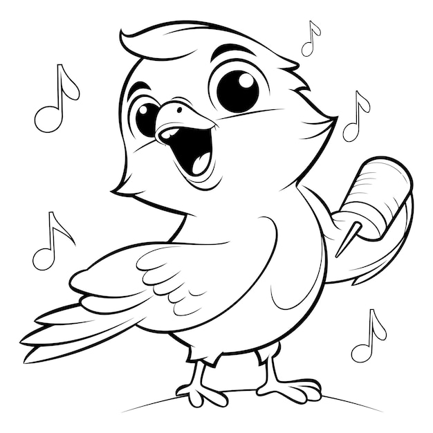 Ilustración de un lindo pájaro con notas musicales Libro de colorear